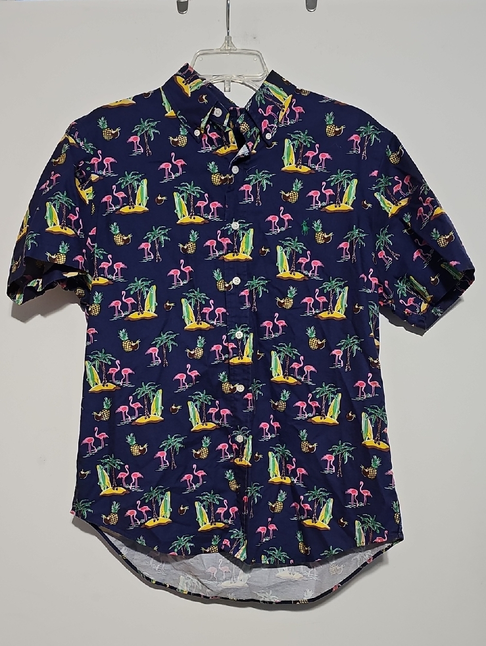 Ralph Lauren Classic Fit Men Navy Flamingo Print Shirt Beach Medium 100% Cotton
